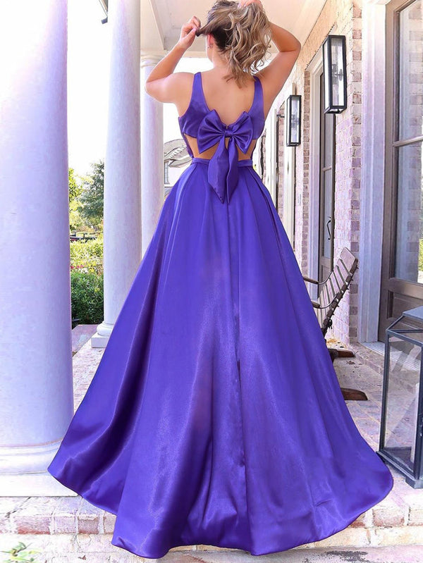Luolandi A Line V Neck Long Purple Prom Dress Sexy Evening Dress Floor Length With Bow
